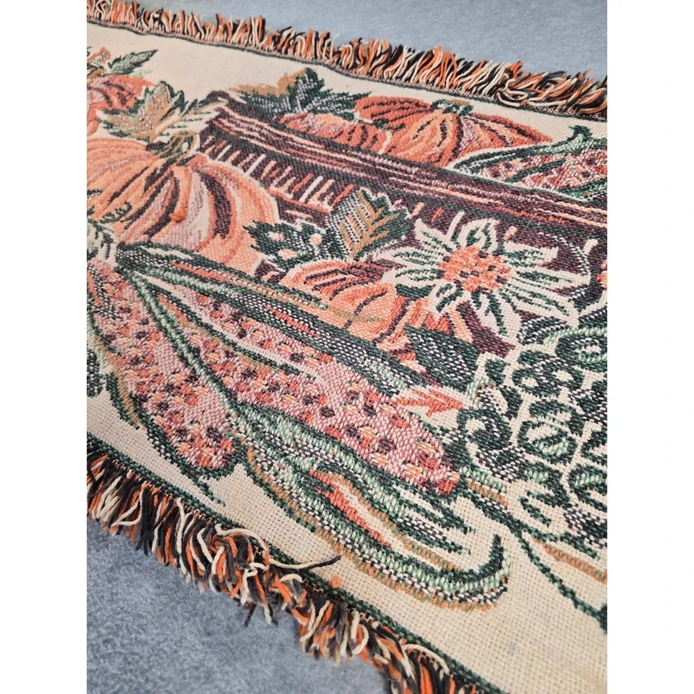 Vintage Fall Tapestry Runner 36x18 Orange Harvest Pumpkin Autumn Decor 90s Farm